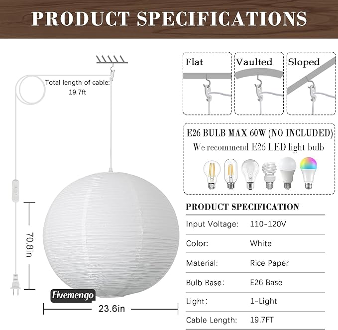 Paper Lantern Lamp Plug in Hanging Lamp 23.6in White Rice Paper Pendant Light with 19.7FT Cord Large Globe Japanese Japandi Wabi Sabi Chandelier for Dining Living Room Bedroom Office 2 Pack