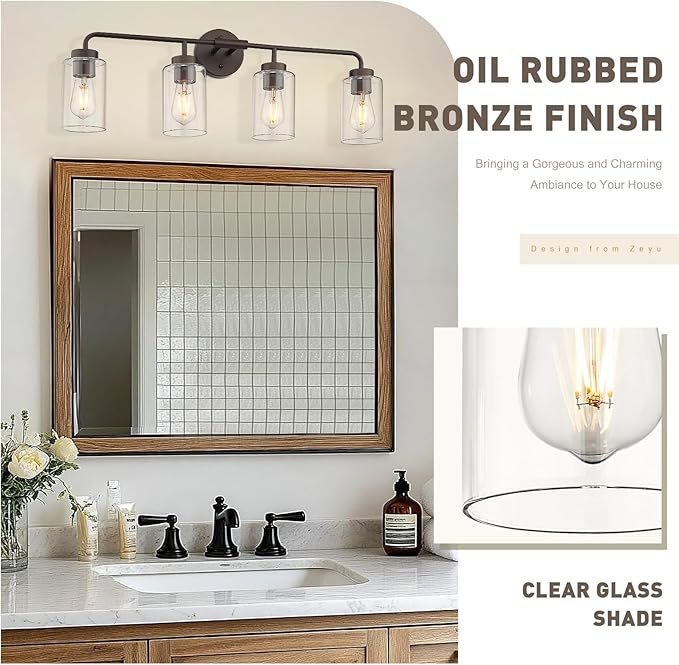 zeyu Oil Rubbed Bronze Bathroom Vanity Light, 4-Lights Bathroom Light Fixtures Over Mirror with Clear Glass Shade, 30.6 Inch Wall Sconce Lighting Bath, ZS62B-4W ORB