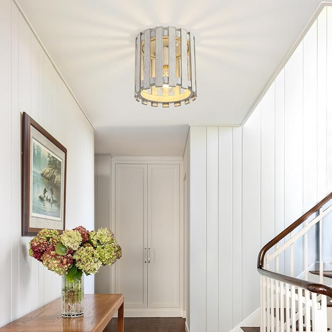 Rustic Flush Mount Ceiling Light, Farmhouse Wood Cage Semi Flush Mount Light for Entryway, Kitchen, Dining Room, White