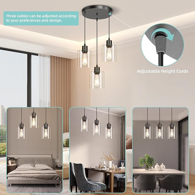 CANMEIJIA 3-Light Pendant Light Fixtures Black Glass Pendant Lights Kitchen Island, Industrial Hanging Pendant Lighting for Dining Room Bedroom, Modern Ceiling Lamp E26 Base, Bulbs Not Included
