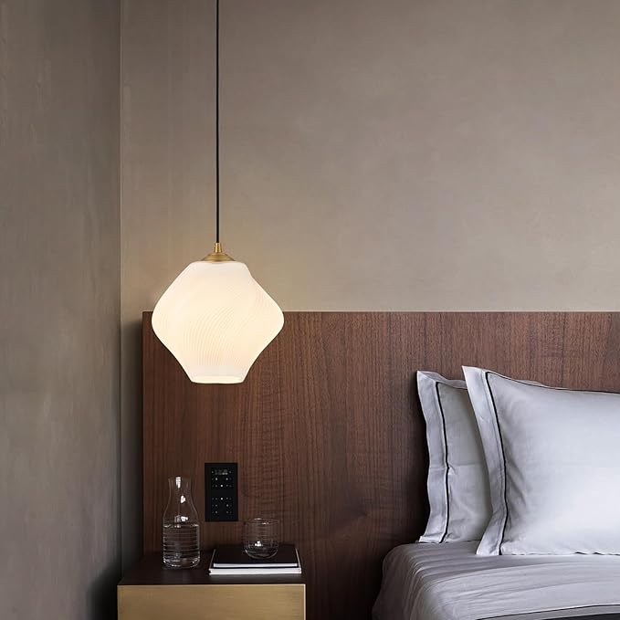Milk White Glass Pendant Light, Mid Century Modern Ceiling Hanging Lights Fixture with Height Adjustable, Brass Gold Pendant Lighting for Kitchen Island, Hallway, Dining Room, Bedroom(1 Pack)