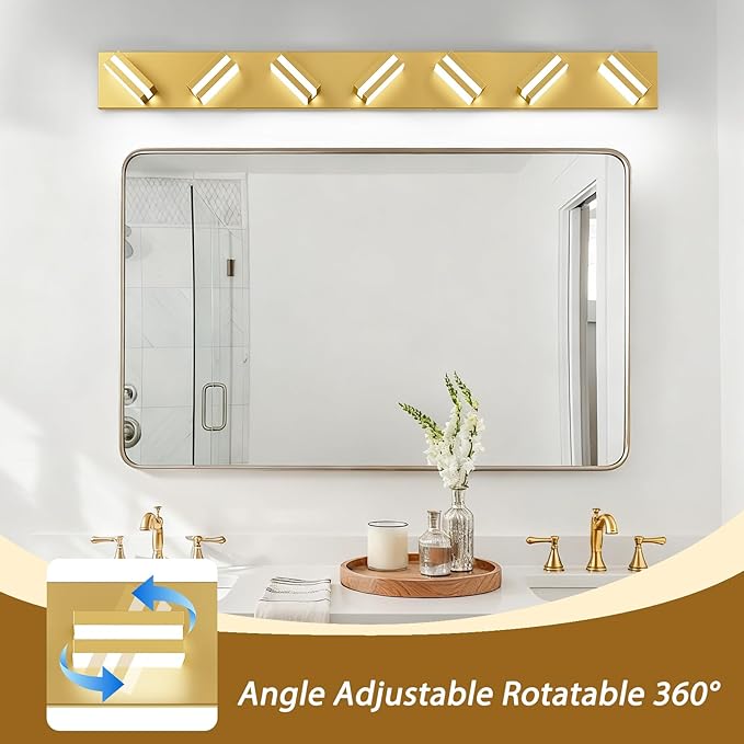 IZORRO LED Modern Bathroom Lights Fixtures(7-Light,Dimmable,360°Rotate),Brushed Glod Acrylic Wall Lighting,Vanity Lights for Bathroom Over Mirror - 6000k 40In （No Assembly Required）