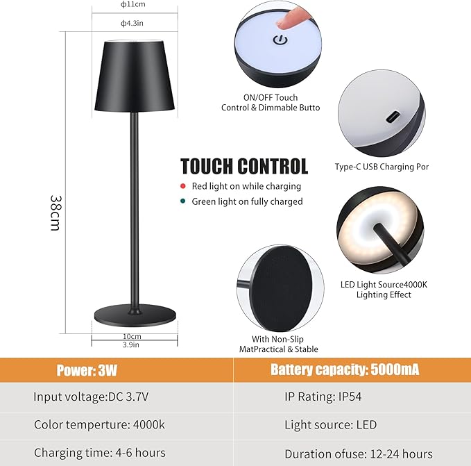 IMQSQIK 2 Pack Cordless Table Lamp, 5000mAh Portable Rechargeable LED Desk Lamp, 3 Color Modes Stepless Dimming Table Light with Memory Function, for Dinner, Patio, Home, Restaurant.