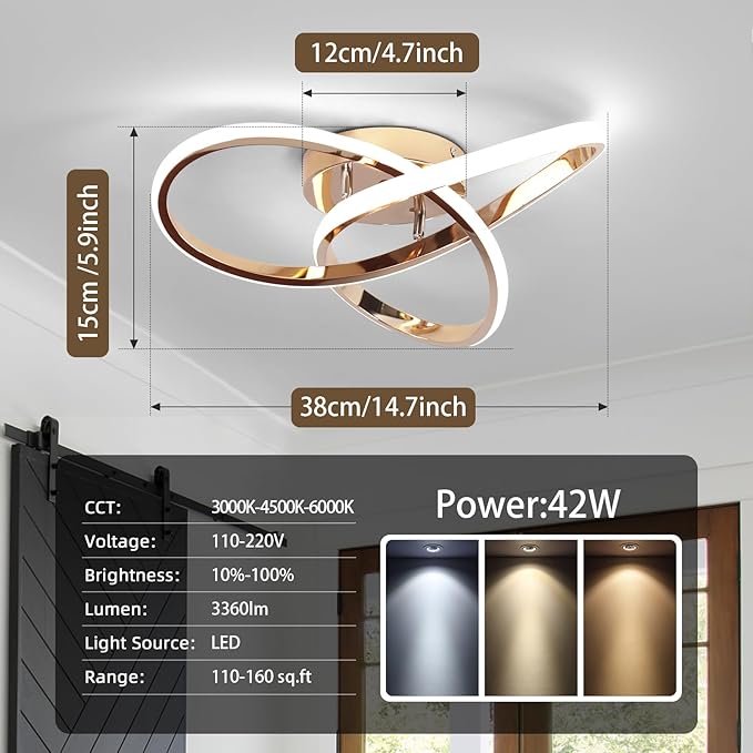 CANEOE LED Ceiling Light Fixture,3-Colors Dimmable Modern Ceiling Light with Remote Control Rose Gold Flush Mount Lighting Fixture for Bedroom Living Room Kitchen Office Ceiling Lamp,42W