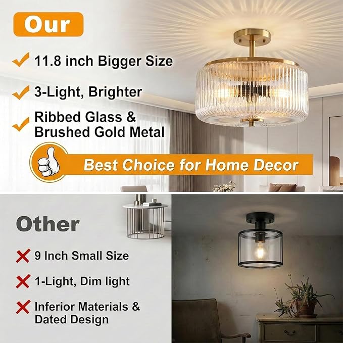 3-Light Gold Semi Flush Mount Ceiling Light, 11.8" Modern Hallway Light Fixtures Ceiling Mount with Ribbed Clear Glass Shade, Bright Close to Ceiling Lamp for Bedroom/Kitchen/Entryway/Dining Room