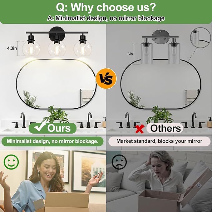 Indoi 3-Light Bathroom Light Fixtures, Black Bathroom Lights Over Mirror with Clear Glass Globe Shade, Vanity Lights for Bathroom Kitchen Living Room Hallway Cabinet Bedroom Porch.