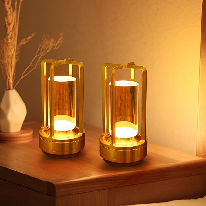 2 Pack Crystal Lantern lamp with Touch Dimming, Rechargeable LED Table Lamp, 3-Color Adjustable Brightness, 4200mAh Battery Powered Desk Light for Bedroom, Restaurant, Outdoor