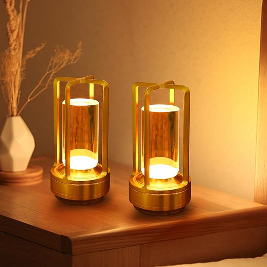 2 Pack Crystal Lantern lamp with Touch Dimming, Rechargeable LED Table Lamp, 3-Color Adjustable Brightness, 4200mAh Battery Powered Desk Light for Bedroom, Restaurant, Outdoor