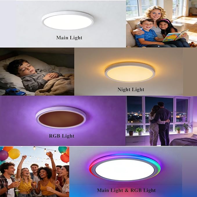 Led Ceiling Light 12 Inch - Flush Mount Ceiling Light for Bedroom Living Room, RGB Rear Color, White, 1-Pack