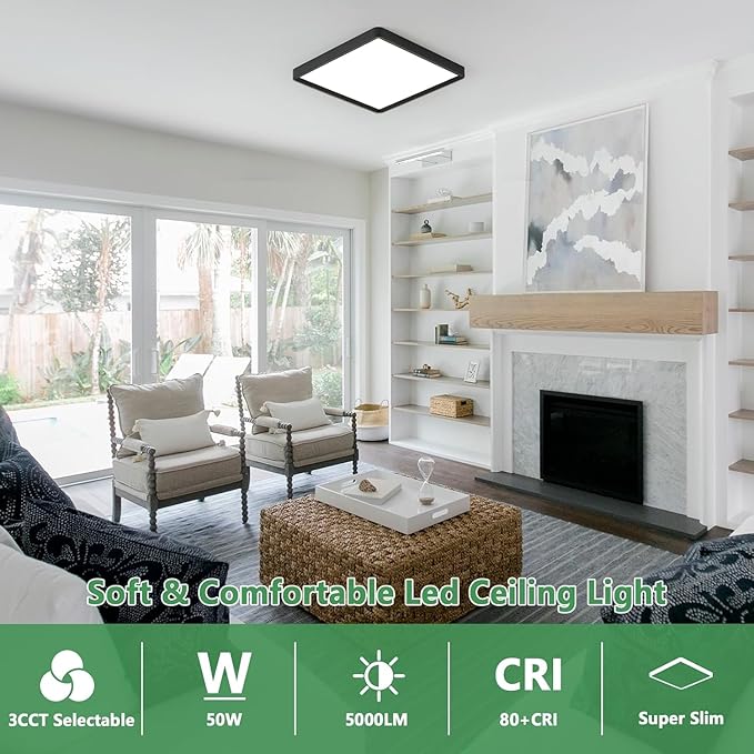 FY WISDOM FLY LIGHTING 20 Inch Large LED Flush Mount Ceiling Light, 50W, 5000LM, Selectable 3000K/4000K/6000K CCT,Square Flat Panel Low Profile Light Fixture (Black, 20“ 2PK)