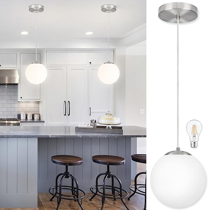 KoKo&Yukina 8 Inch Globe Pendant Light Nickel Globe Pendant Lights Kitchen Island Mid Century Light Fixture with Milky White Glass Shade Adjustable Lights for Dining Room