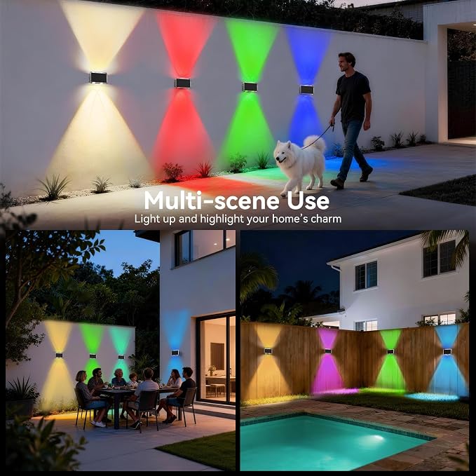 TECKNET Solar Fence Lights 12 Pack, 8 Modes RGB Color Changing, 200°Wide Lighting & Up Down Lights, IP66 Waterproof Dual-Lens LED Decorative Lights for Wall/Garden/Fence/Patio/Backyard
