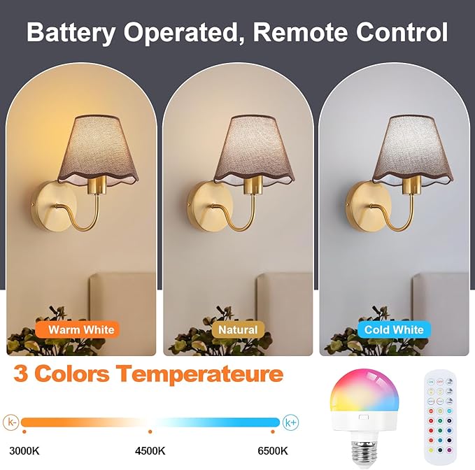 ADISUN Battery Operated Wall Sconce Set of 2, Gold Wall Lamps Rechargeable Bulbs for Living Room, Brown Rattan Shade, Wireless Wall Lights for Bedroom Living Room Hallway Kitchen(2 Bulbs Included)
