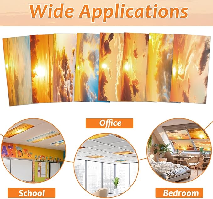 8 Pcs Fluorescent Light Covers with 80 Magnets Decorative for Classroom Ceiling Light 4 x 2 Feet Magnetic Light Covers Filter Easy Install for Office Hospitals & Home Drop Ceiling Supplies (Sunrise)