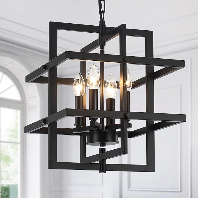 Modern Black Chandelier Rectangle Industrial Chandeliers Dining Room Hanging Pendant Light Fixtures for Kitchen Island Living Room Bedroom Foyer Height Adjustable