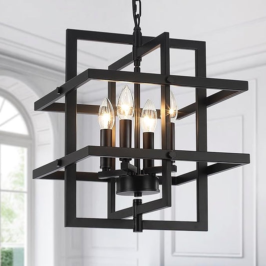Modern Black Chandelier Rectangle Industrial Chandeliers Dining Room Hanging Pendant Light Fixtures for Kitchen Island Living Room Bedroom Foyer Height Adjustable