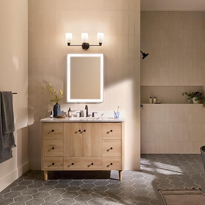 Kichler Gioe 24.25 in 3-Light Bathroom Vanity Light Fixture with Opal Glass in Black, Modern Wall Mount Over Mirror for Powder Room, Damp Rated (24.25 in W x 10.5 in H), 55226BK