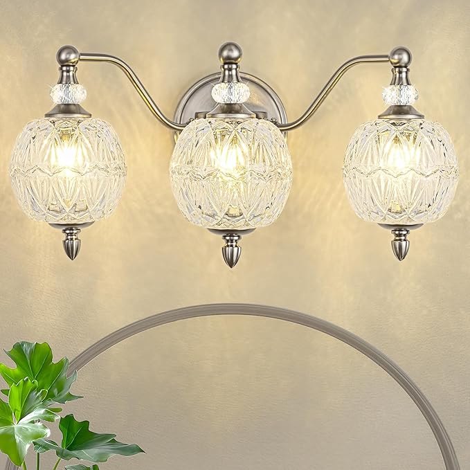 Brushed Nickel Bathroom Vanity Light, 3-Light Mid Century Modern Brushed Nickel Finish Wall Sconce with Globe Glass Shades, Modern Mirror Light for Bathroom, Powder Room