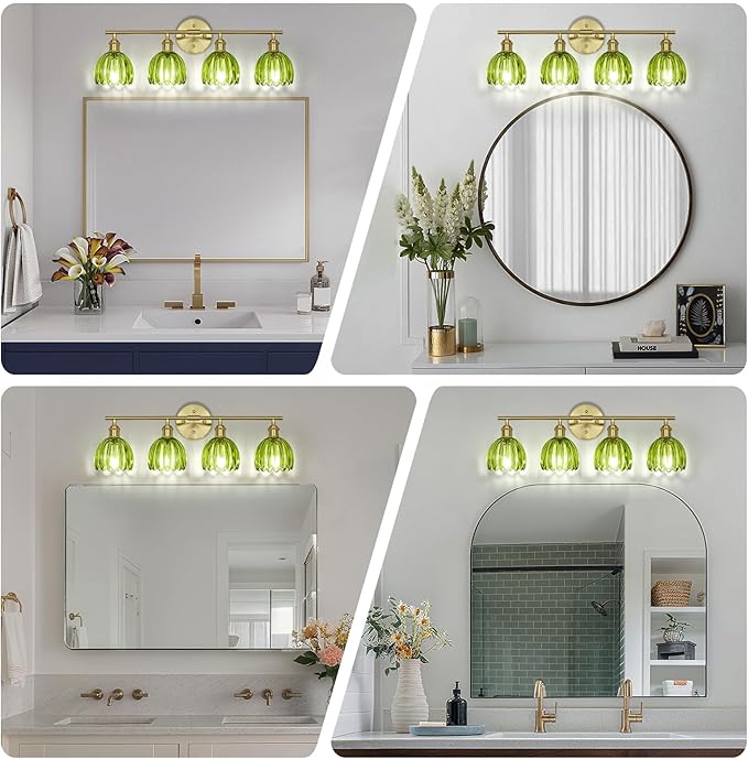 Vintage Bathroom Light Fixtures,4-Light Hardwired Vanity Lights with Green Tulip Glass Shade,Gold Bathroom Vanity Light for Mirror Restroom,E26 Socket,25.2 in(Bulbs Not Included)
