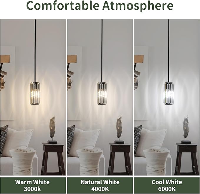 Black Modern Pendant Light for Kitchen Island, 1-Light Mini Crystal Chandelier with E26 Base, Small Hanging Luxury Fixture for Dining Room, Bedroom, Foyer and Hallway