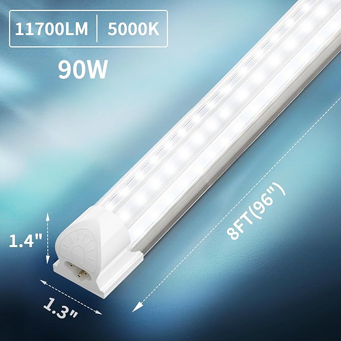 SHOPLED LED Shop Light 8FT, 90W 11700 LM 5000K Daylight White, Linkable T8 Ceiling Light Fixtures, D-Shape, 8 Foot LED Shop Lights for Garage, 4 Pack