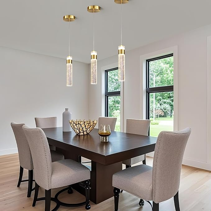 Gold Pendant Lights Kitchen Island 3 Pack Crystal Hanging Pendant Light Fixtures with Crystal Bubble 3000K LED Modern Pendant Ceiling Lighting for Dining Room Restaurant Living Room Bedroom