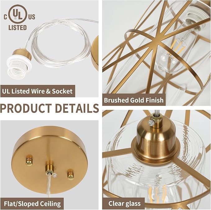 Brushed Gold Pendant Light, 5.4"×7.9" Dual-Shade Kitchen Island Lighting with Clear Glass Shade, E26 Adjustable Height 1"-61", UL Listed, for Dining Room Foyer Entryway — Bulbs Not Included
