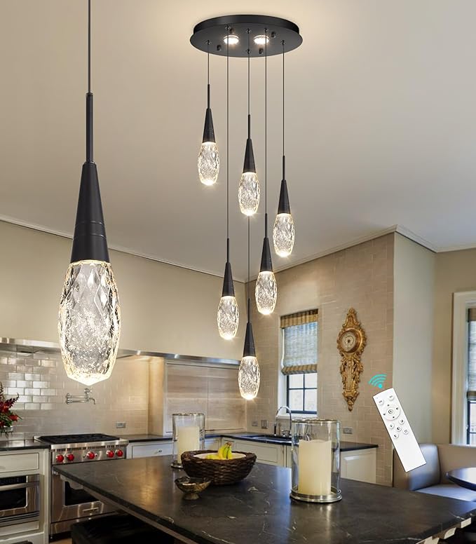 6-Lights Adjustable Pendant Lights for Kitchen Island LED Dimmable Light Fixture Modern Glam Crystal Hanging Lighting for Dining Room Bedroom Black