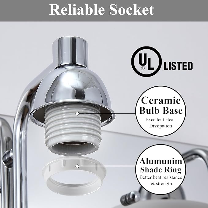 Mecgirn Stainless Steel Milk Glass Vanity Lights for Bathroom, 3 Light Polished Chrome Bathroom Light Fixtures Over Mirror, Ceramic E26 Sockets Wall Mounted