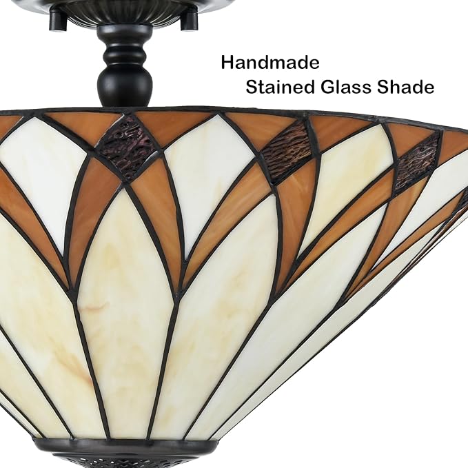 Tiffany Style Semi Flush Mount Ceiling Light 3-Light 16.1-Inch Vintage Stained Glass Ceiling Light Fixture for Bedroom Dining Living Room Foyer Entryway