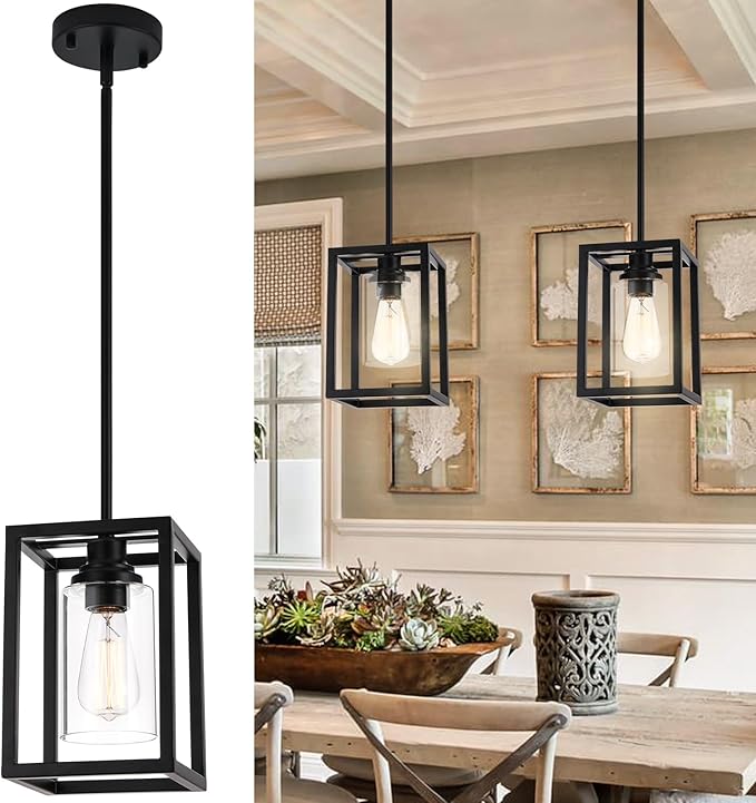 Kitchen Pendant Lighting Over Island, 1-Light Matte Black Farmhouse Pendant Light Fixtures, Rectangle Linear Metal Hanging Lighting Fixture with Clear Glass Shade for Dining Room Entryway Hallway