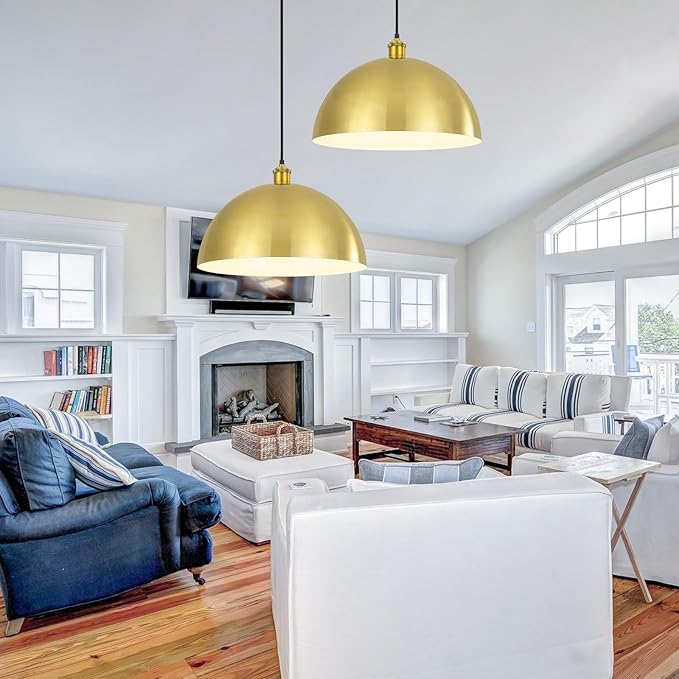 Gold Pendant Light, 16" Farmhouse Ceiling Light with Gold and White, Elegant Semi-Circular Shade Design, Adjustable Height Industrial Dome Pendant Lights for Kitchen Island, Dining Room