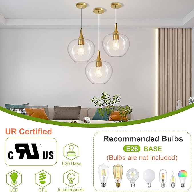 Glass Pendant Lights Kitchen Island, 9.45'' Brass Gold Pendant Lighting Fixtures, Modern Hanging Ceiling Light with Clear Glass Shade for Farmhouse Dining Room Bedroom Hallway(1 Pack)