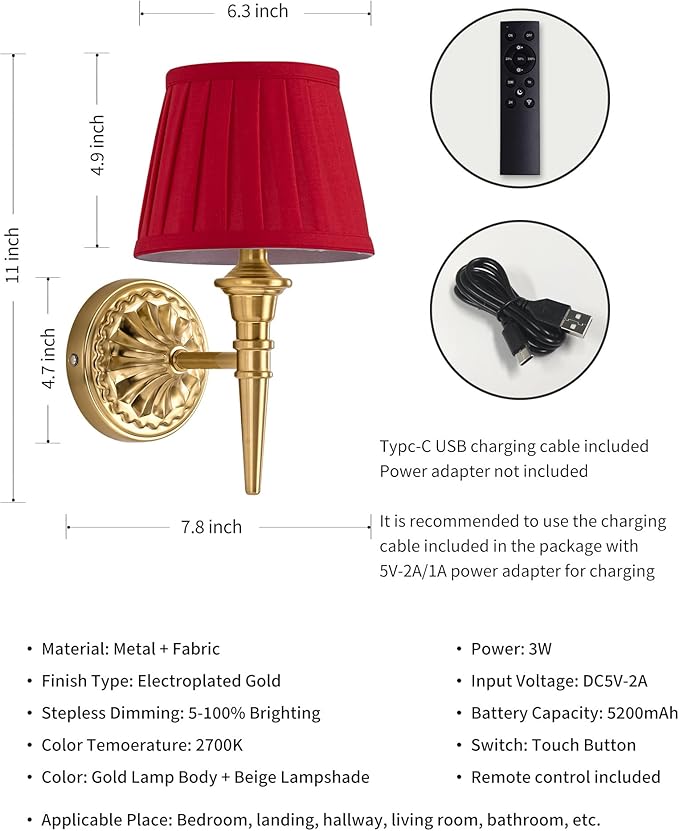 KDG Cordless Wall Sconces Set of 2, Small Wireless 5200mAh Rechargeable Battery Fabric LED Wall Lamps, Portables Lightings for Wall Painting, Living Room, Bedroom, Hallway, Gifts, Night Light (Red)