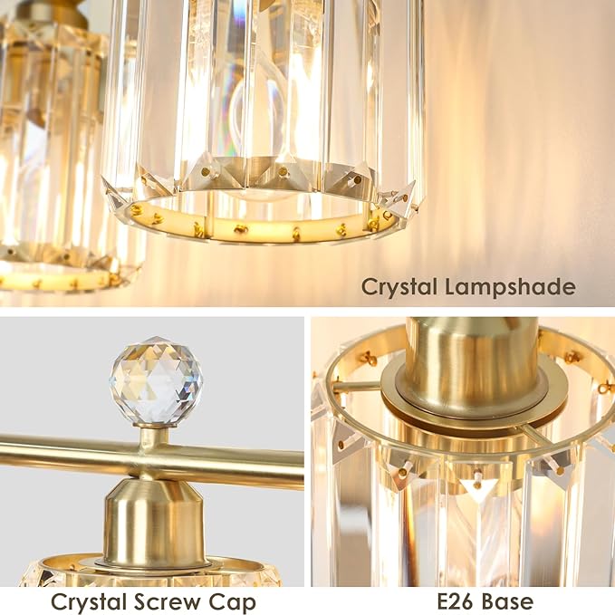 3-Light Gold Bathroom Light Fixtures Modern K9 Crystal Vanity Lights Wall Sconce with Stainless Steel Base, Elegant Bathroom & Bedroom Lighting, Secure Packaging