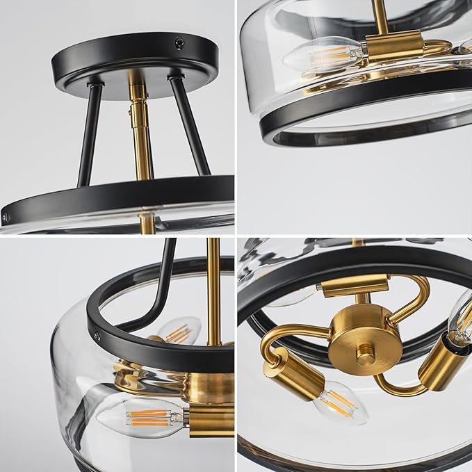 Black Gold Semi Flush Mount Ceiling Light, 3-Light Modern Industrial Drum Light Fixture with Clear Glass Shade, 12" Farmhouse Close to Ceiling Lamp for Hallway, Bedroom, Entryway, Kitchen, E12 Base