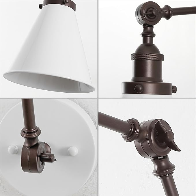 JONATHAN Y 7" White/Oil Rubbed Bronze Classic Industrial Metal Adjustable Arm LED Wall Sconce for Bedside Reading, Farmhouse Swing Arm Wall Lamp with Metal Shade, Hardwired (JYL7462C-SET2)