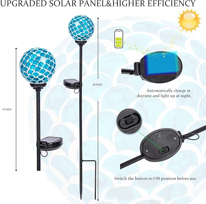 VCUTEKA Solar Lights - Outdoor Garden Decor Mosaic Solar Pathway Light Waterpoof LED Stake Light for Landscape Lawn Patio Yard Decoration (Blue) 1 Pack