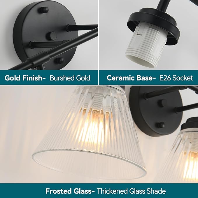Modern Black Bathroom Vanity Light, 4-Light Wall Sconce with Clear Ribbed Glass Shades, Farmhouse Industrial Light Fixture for Bathroom, Vanity Mirror, Powder Room, Hallway (black, Powder Coated, 4)