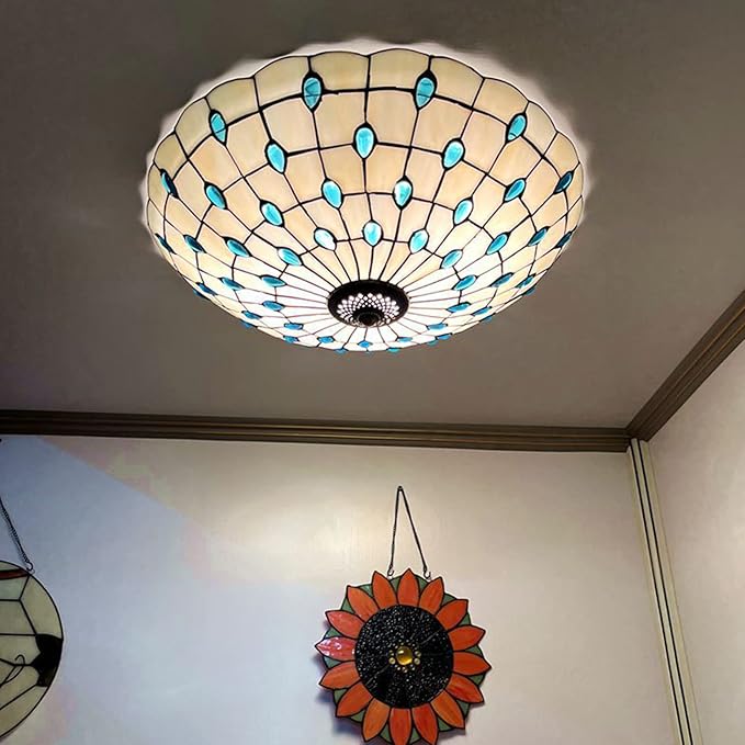 Tiffany Flush Mounts Ceiling Lights,Peacock Blue Crystal Beads Stained Glass Lampshade Ceiling Lamp for Kitchen Dining Room Livingroom Bedroom Ceiling Chandeliers Pendant Light,Blue,16in