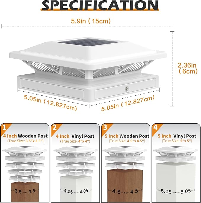 SIEDiNLAR Solar Post Cap Light 2 Modes 1 Pack, 3.5x3.5 4x4 4.5x4.5 5x5 Vinyl/Wooden Posts, Waterproof Outdoor Lighting for Fence Deck Patio Garden Decor, White/Warm (White)