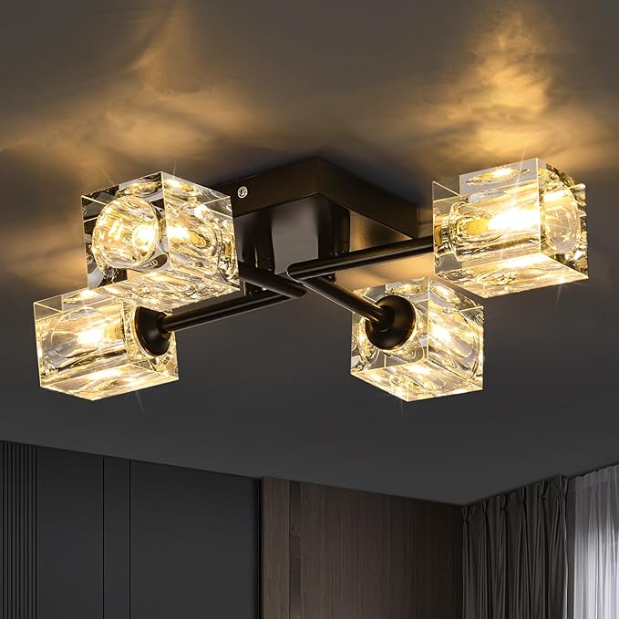 4-Light Crystal Semi Flush Ceiling Light Fixture, Matte Black Sputnik Chandelier, G9 Dimmable Compatible Ceiling Light for Bedroom, Dining Room, Kitchen, Hallway, Entryway