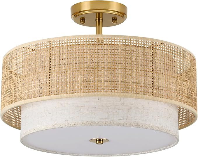 Semi Flush Mount Ceiling Light, 16" Gold Light Fixtures Ceiling Mount, 3-Light Boho Rattan Linen Drum Light Fixture, Modern Farmhouse Chandelier for Bedroom Entryway Living Room Hallway Foyer