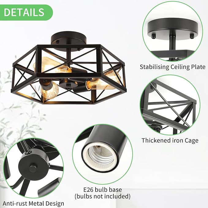 WILON Black Flush Mount Ceiling Light for Kitchen Hallway - 3-Light Industrial Close to Ceiling Lighting Farmhouse Metal Cage Light Fixtures Ceiling Mount for Foyer Kitchen Living Room(E26 Socket)