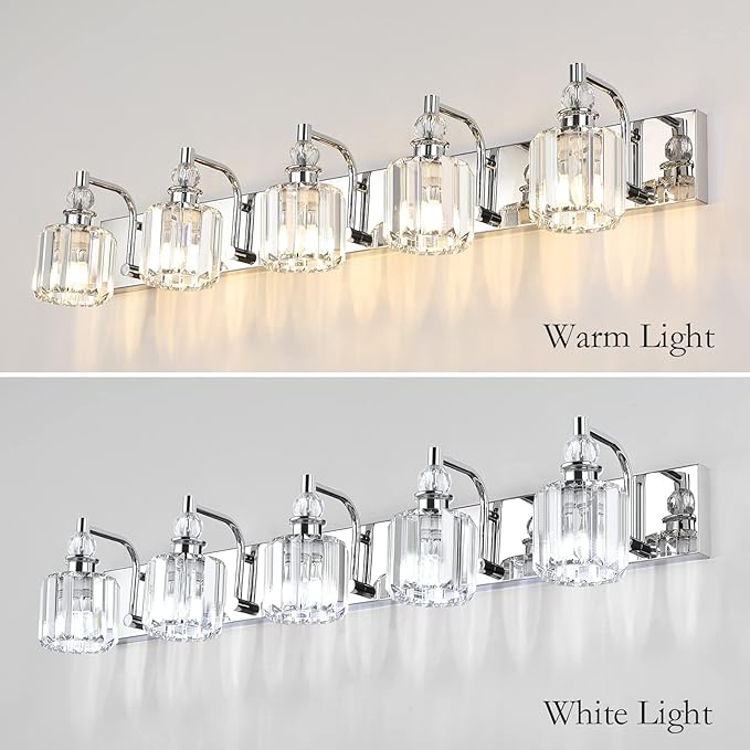 Ralbay Modern Crystal Vanity Lights 5 Light 40" Modern Crystal Bathroom Lights Fixtures Over Mirror Stainless Steel Chrome Vanity Light for Bathroom Wall Lights Fixtures