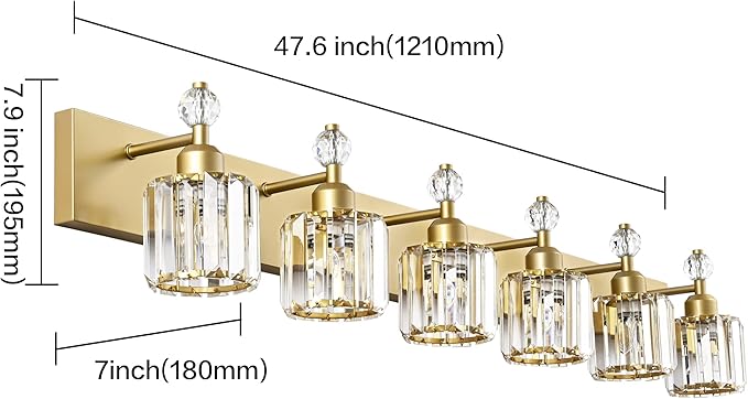 PRESDE Crystal 6 Light Bathroom Vanity Lights Gold Vanity Light for Bathroom Over Mirror Modern Wall Sconce