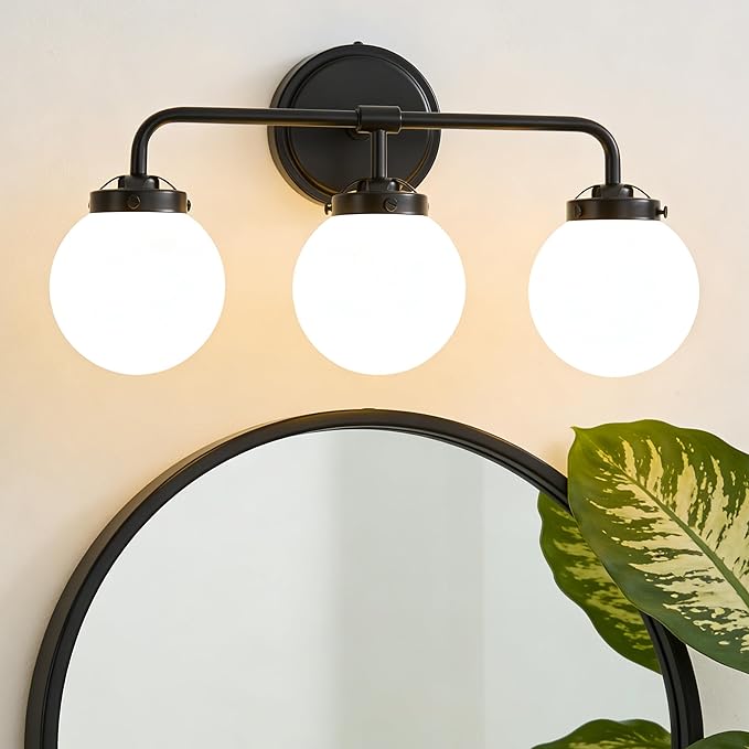 Bathroom Light Fixtures, 18.26'' Black Vanity Light, Modern 3 Lights Wall Sconce with Milky Glass Globe Shade, Mid-Century Bathroom Lighting Fixtures Over Mirror for Bathroom, Living Room