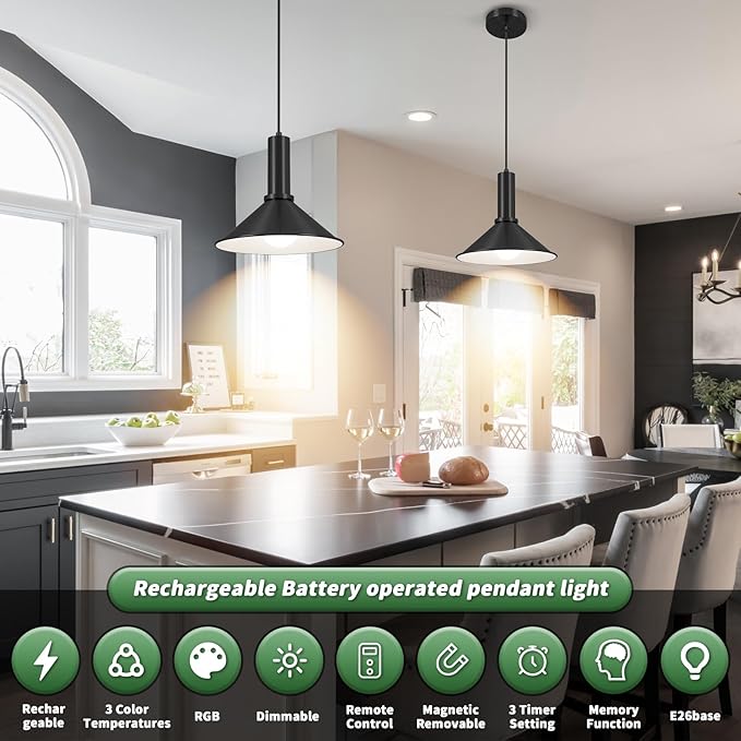 2 Pack Battery Operated Pendant Lights,Rechargeable Pendant Light with Remote,Black Pendant Light Fixtures for Kitchen island,Modern Industrial hanging Lights for Dining Room Hallway Entryway Bedroom
