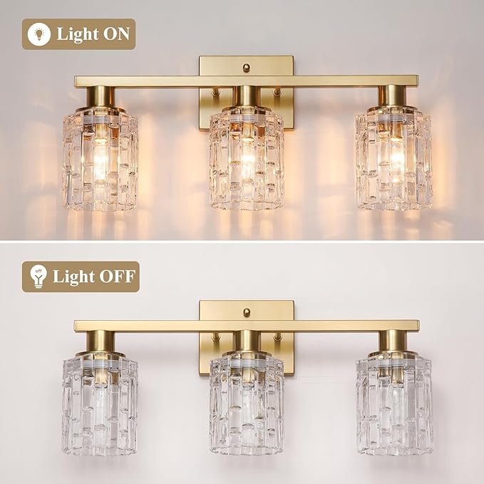3 Light Brushed Gold Bathroom Vanity Light Over Mirror, Modern Vanity Lighting with Crystal Glass Shade, Wall Mount Bathroom Light Fixtures, E26 Base