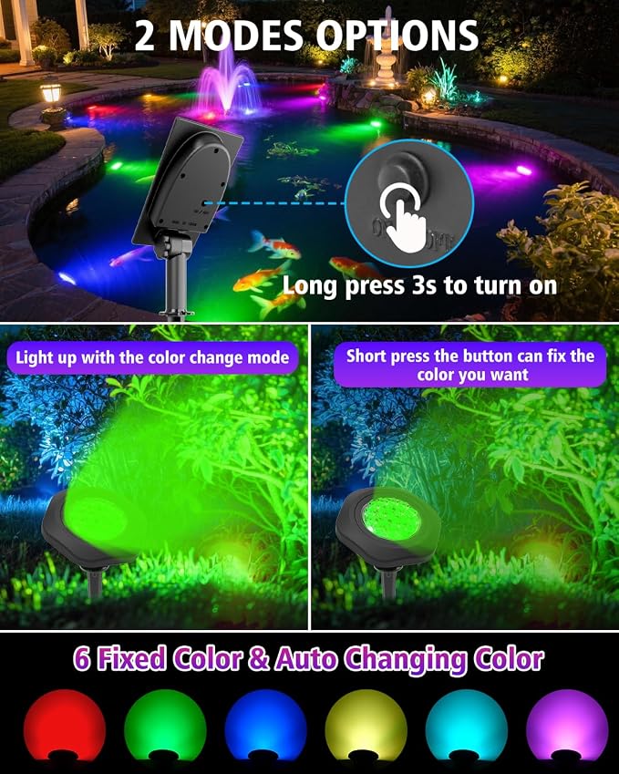 Solar Spot Lights Outdoor Waterproof IP68, 2 Light Modes Pond Lights, 3-in-1 LED Color Changing Solar Landscape Lights, Landscape Path Lights for Underwater Pond Garden Yard Pathway